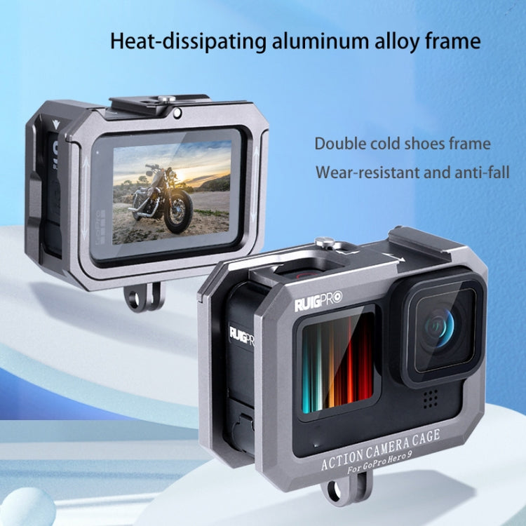 RUIGPRO for GoPro HERO10 Black / HERO9 Black Metal Border Frame Mount Protective Cage with Dual Cold Shoes Base, Silver Grey