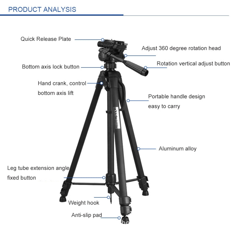 WeiFeng WT-3560 3-Section Folding Legs Live Broadcast Aluminum Alloy Tripod Mount, WT-3560