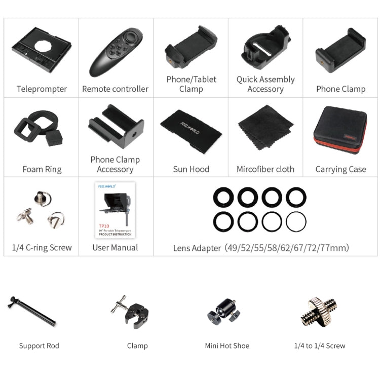 FEELWORLD TP10 Portable 10-inch Folding Teleprompter with Remote Control Lens Adapter Ring For Below 10 inches Smartphone / Tablet, TP10