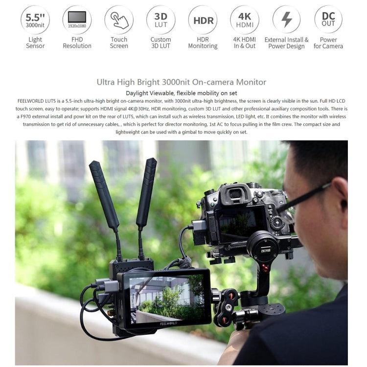 FEELWORLD LUT5 5.5 inch Ultra High Bright 3000nit Touch Screen DSLR Camera Field Monitor, LUT5