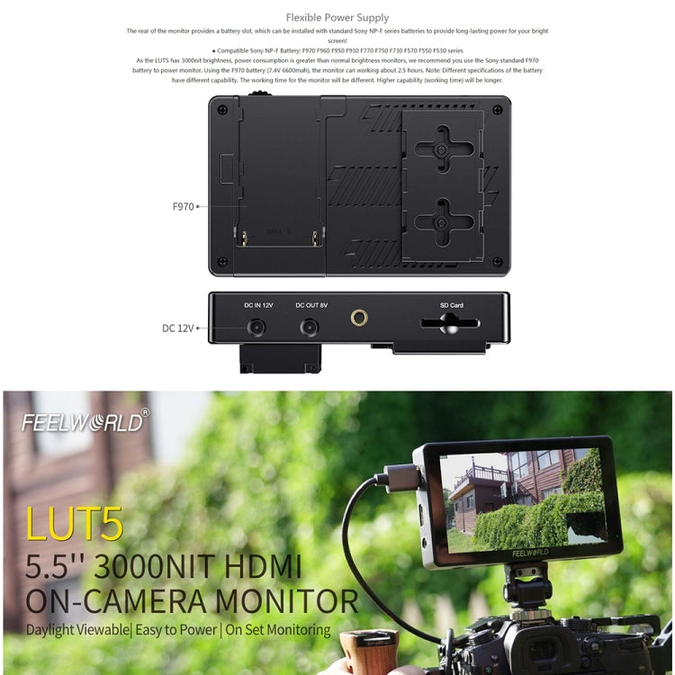 FEELWORLD LUT5 5.5 inch Ultra High Bright 3000nit Touch Screen DSLR Camera Field Monitor, LUT5