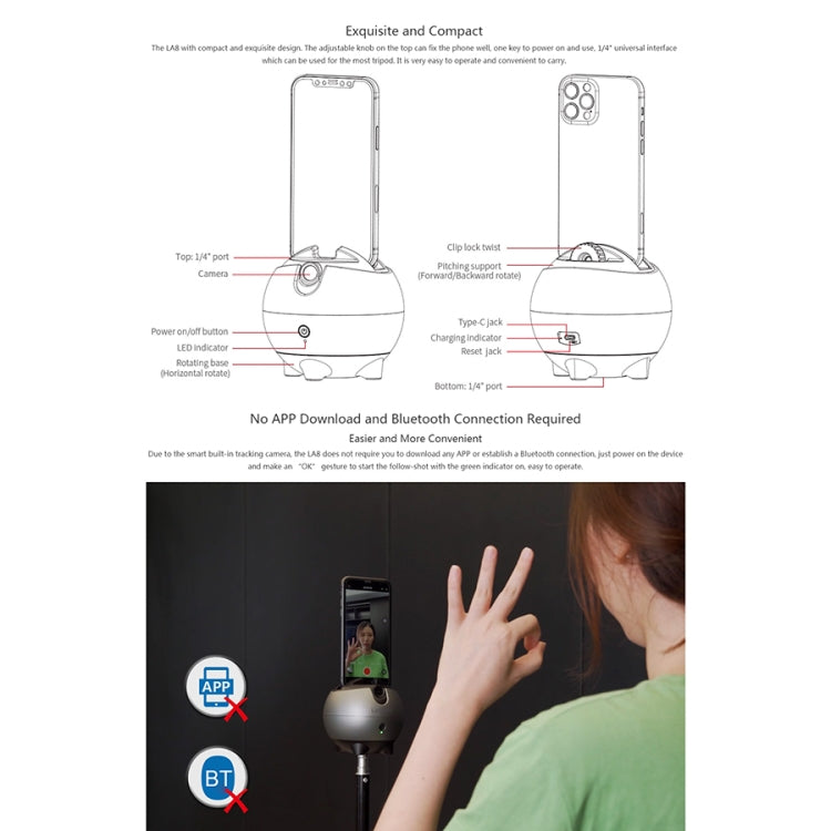 LAIZESKE LA8 Smart Robot Cameraman 360 Degree Auto Tracking Phone Holder, LA8