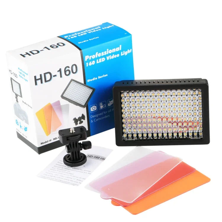 HD-160 ضوء فيديو LED أبيض على الكاميرا لإضاءة التصوير، ضوء تعبئة لكاميرات كانون، نيكون، DSLR مع 3 صفائح فلتر، HD-160