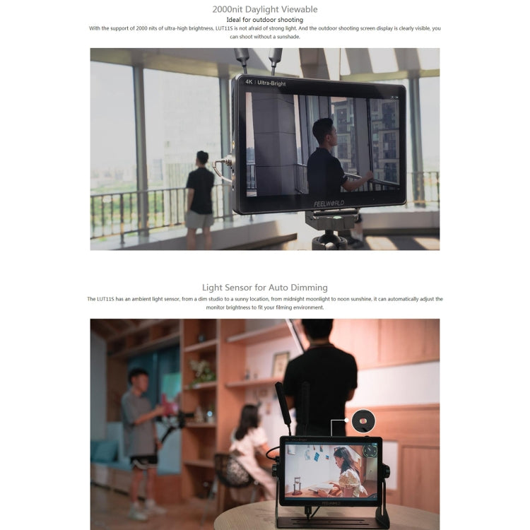 FEELWORLD LUT11S 10.1 inch Ultra High Bright 2000nit Touch Screen DSLR Camera Field Monitor, 3G-SDI 4K HDMI Input Output 1920 x 1200 IPS Panel, LUT11S