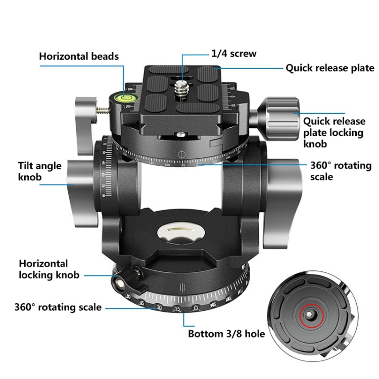 BEXIN DT-02R/S 2D 720 Degree Panorama Heavy Duty Tripod Action Fluid Drag Head with Quick Release Plate, DT-02R/S