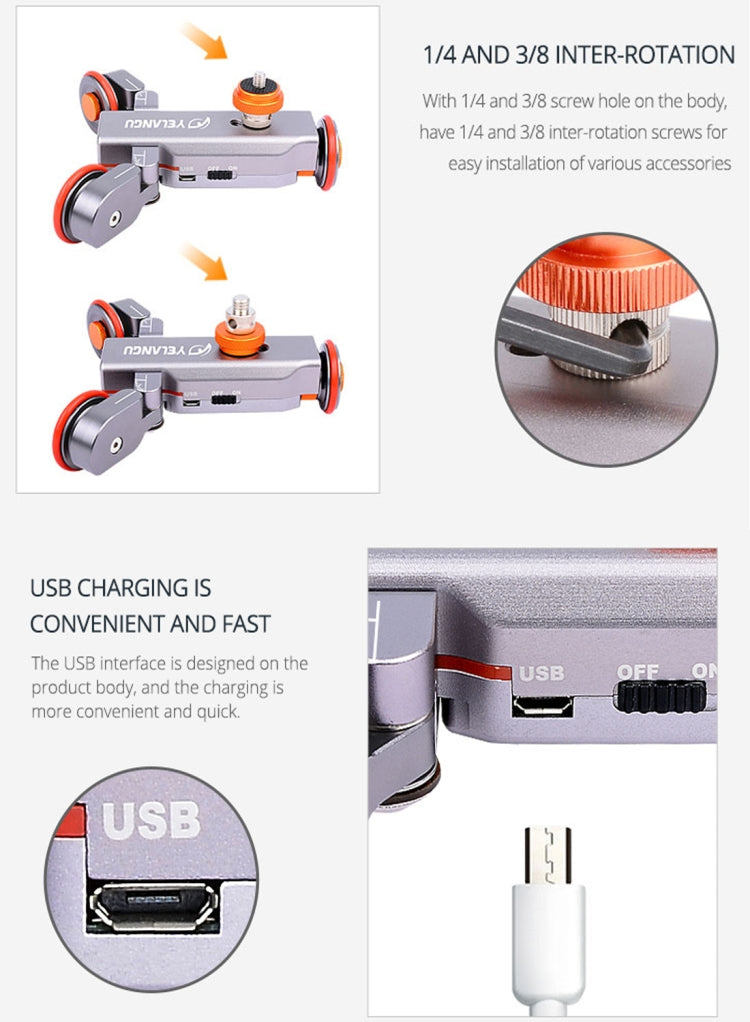 YELANGU L4X Camera 3-wheel Dolly II Electric Track Slider 3-Wheel Video Pulley Rolling Dolly Car with Remote Control for DSLR / Home DV Cameras, GoPro, Smartphones, Load: 3kg, L4X Dolly Car Grey