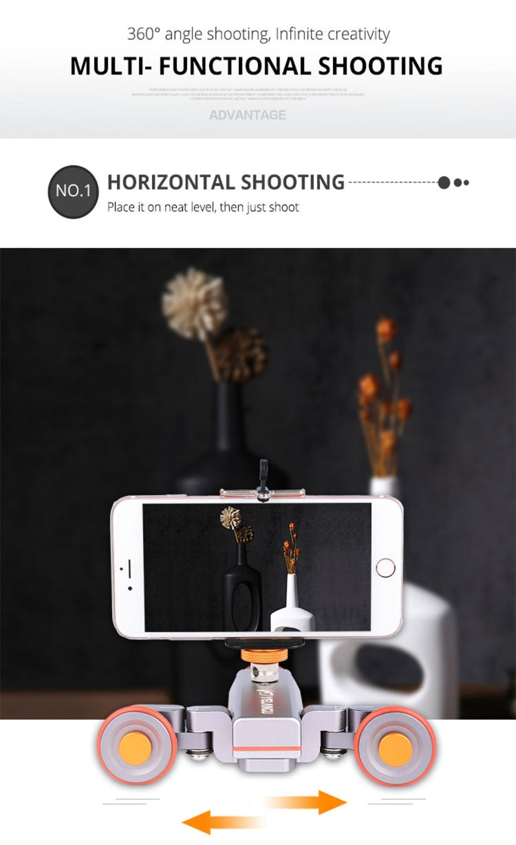 YELANGU L4X Camera 3-wheel Dolly II Electric Track Slider 3-Wheel Video Pulley Rolling Dolly Car with Remote Control for DSLR / Home DV Cameras, GoPro, Smartphones, Load: 3kg, L4X Dolly Car Grey