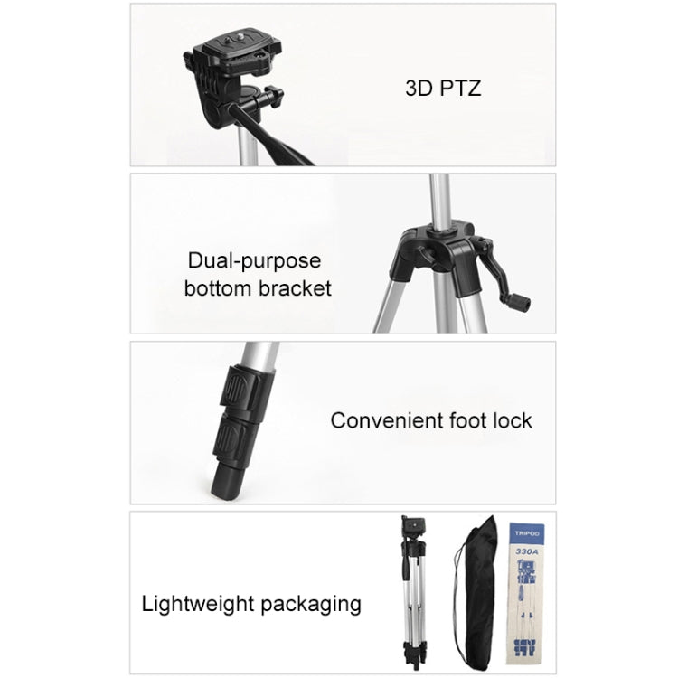Live Broadcast Tripod 3-Section Folding Legs Aluminum Alloy Tripod Mount with U-Shape Three-Dimensional Tripod Head & Phone Clamp for DSLR & Digital Camera, Adjustable Height: 47.5-133cm, 330A