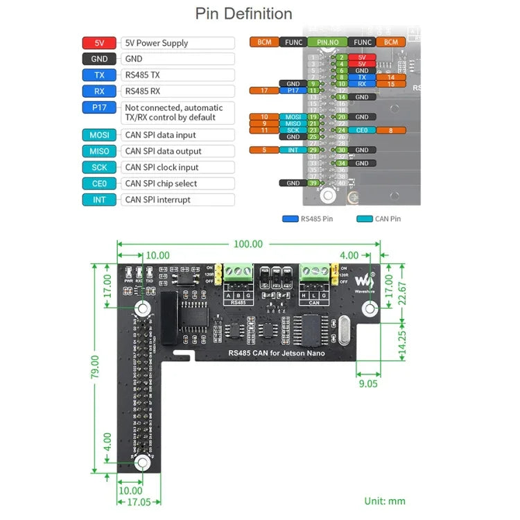 Waveshare RS485 CAN Expansion Board for Jetson Nano, Digital Isolation, Built-In Protection Circuit