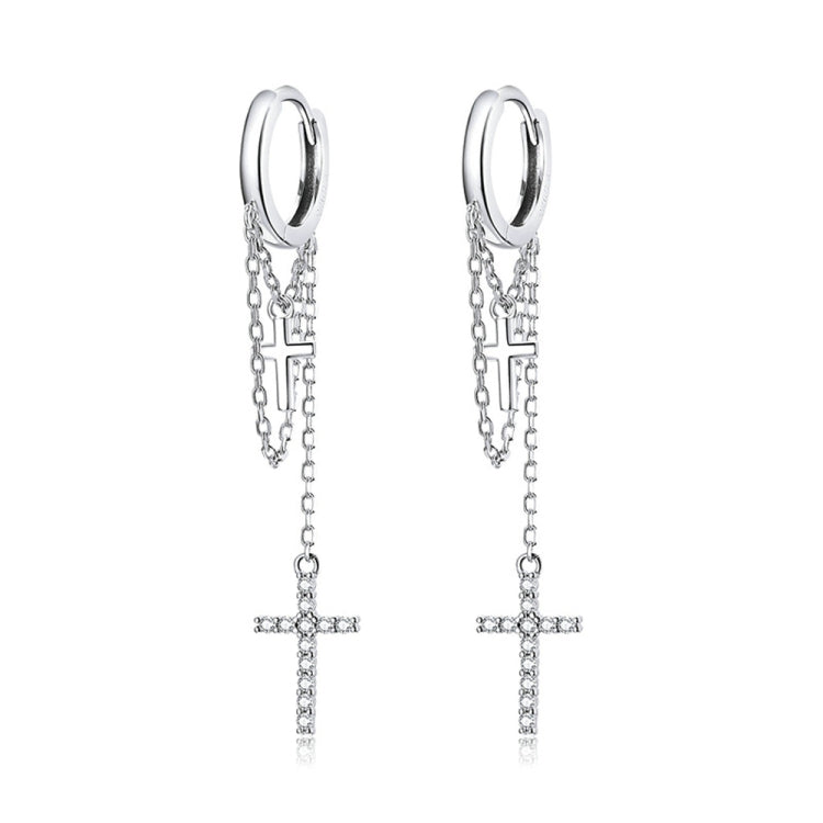 S925 Sterling Silver Long Tassel Shining Cross Women Earrings, Long Tassel Shining Cross