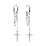 S925 Sterling Silver Long Tassel Shining Cross Women Earrings, Long Tassel Shining Cross