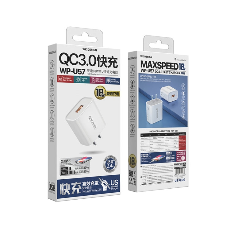 شاحن سريع WK WP-U57 Max بقوة 18 واط Maxspeed QC3.0 + كابل بيانات USB إلى 8 سنون، قابس الولايات المتحدة، قابس الاتحاد الأوروبي