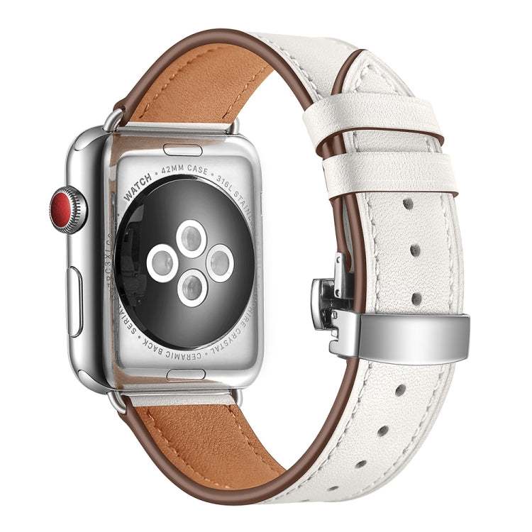 Genuine Leather + Butterfly Silver Buckle Replacement Watchbands For Apple Watch Series 6 & SE & 5 & 4 44mm / 3 & 2 & 1 42mm, Silver Buckle For Apple Watch Series 7 45mm / 6 & SE & 5 & 4 44mm / 3 & 2 & 1 42mm