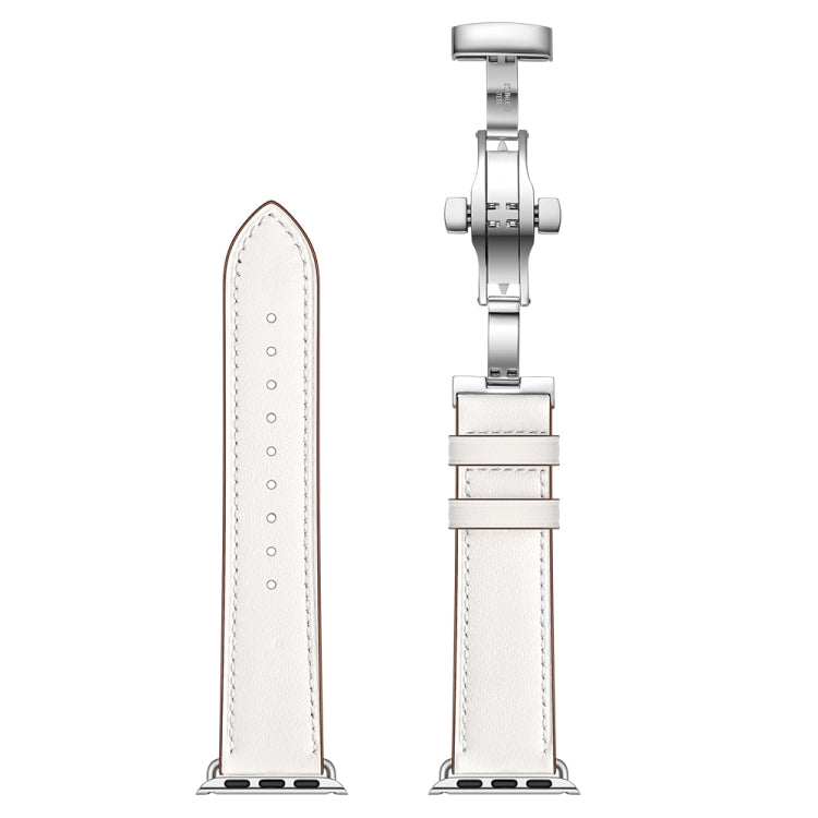 Genuine Leather + Butterfly Silver Buckle Replacement Watchbands For Apple Watch Series 6 & SE & 5 & 4 44mm / 3 & 2 & 1 42mm, Silver Buckle For Apple Watch Series 7 45mm / 6 & SE & 5 & 4 44mm / 3 & 2 & 1 42mm