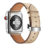 Genuine Leather + Butterfly Silver Buckle Replacement Watchbands For Apple Watch Series 6 & SE & 5 & 4 44mm / 3 & 2 & 1 42mm, Silver Buckle For Apple Watch Series 7 45mm / 6 & SE & 5 & 4 44mm / 3 & 2 & 1 42mm