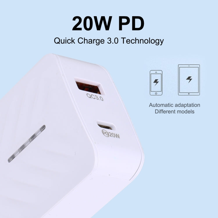 شاحن سفر سريع LZ-822A+C بقوة 20 واط بمنفذ USB-C / Type-C + USB QC 3.0، قابس الولايات المتحدة، قابس الاتحاد الأوروبي