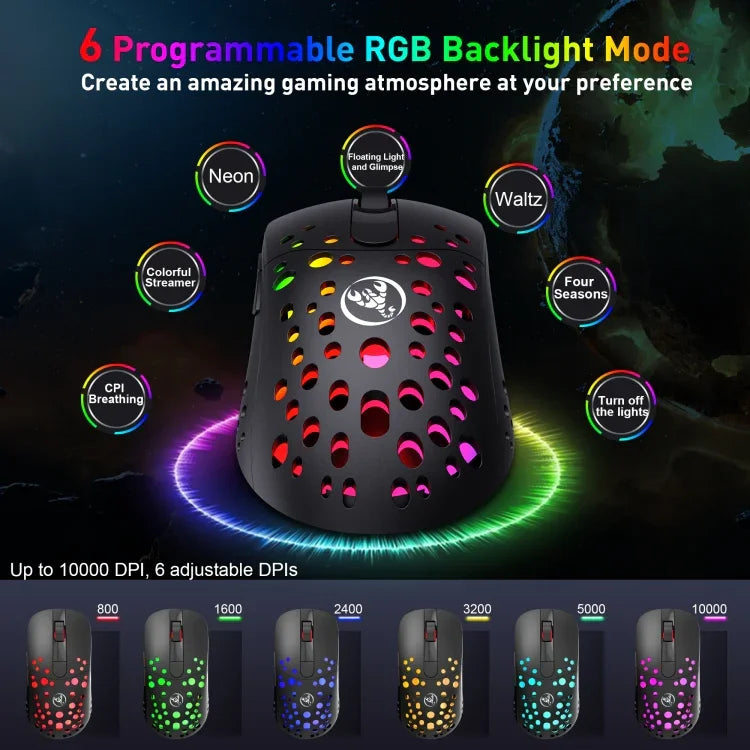 فأرة سلكية ولاسلكية مزدوجة الوضع HXSJ T100 بدقة 10000 DPI مع تعريف ماكرو RGB