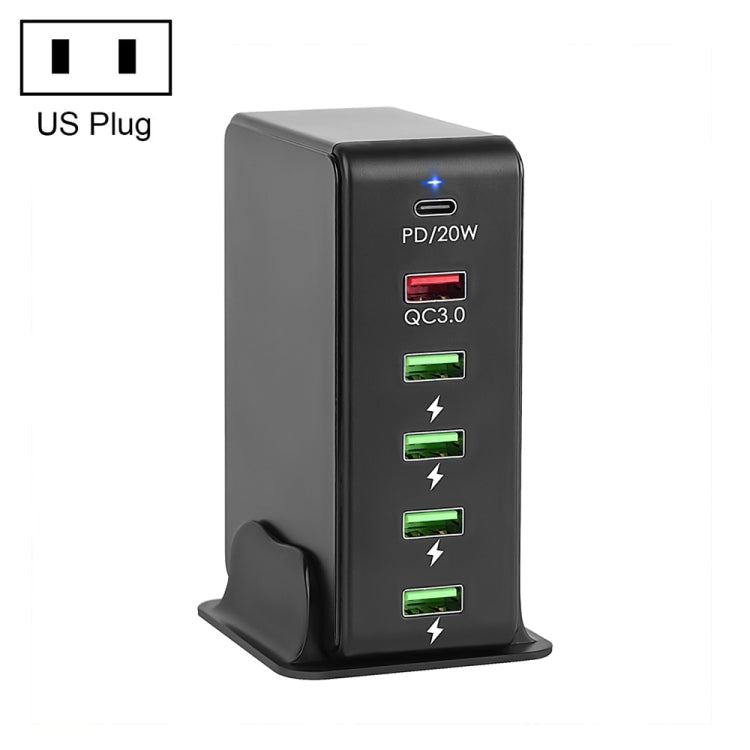 شاحن سفر متعدد المنافذ 6 في 1 بقوة 65 واط PD USB-C / Type-C + USB QC 3.0 + 4 منافذ USB، قابس الولايات المتحدة، قابس الاتحاد الأوروبي، قابس المملكة المتحدة، قابس أستراليا