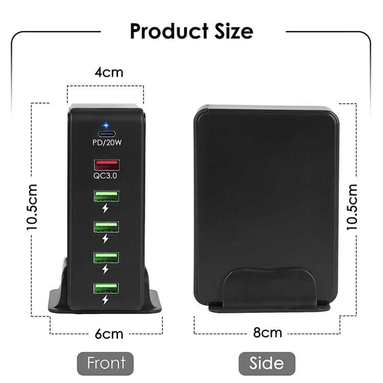 شاحن سفر متعدد المنافذ 6 في 1 بقوة 65 واط PD USB-C / Type-C + USB QC 3.0 + 4 منافذ USB، قابس الولايات المتحدة، قابس الاتحاد الأوروبي، قابس المملكة المتحدة، قابس أستراليا