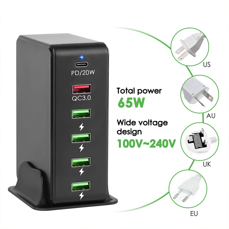شاحن سفر متعدد المنافذ 6 في 1 بقوة 65 واط PD USB-C / Type-C + USB QC 3.0 + 4 منافذ USB، قابس الولايات المتحدة، قابس الاتحاد الأوروبي، قابس المملكة المتحدة، قابس أستراليا