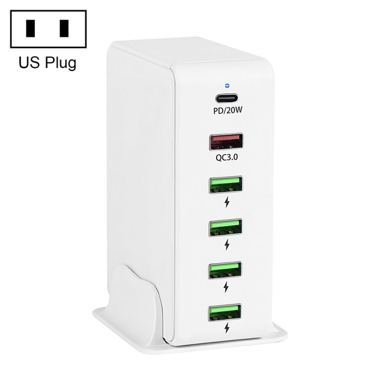 شاحن سفر متعدد المنافذ 6 في 1 بقوة 65 واط PD USB-C / Type-C + USB QC 3.0 + 4 منافذ USB، قابس الولايات المتحدة، قابس الاتحاد الأوروبي، قابس المملكة المتحدة، قابس أستراليا