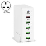 شاحن سفر متعدد المنافذ 6 في 1 بقوة 65 واط PD USB-C / Type-C + USB QC 3.0 + 4 منافذ USB، قابس الولايات المتحدة، قابس الاتحاد الأوروبي، قابس المملكة المتحدة، قابس أستراليا