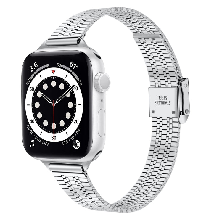 14mm Seven-beads Double Safety Buckle Slim Steel Replacement Strap Watchband For Apple Watch Series, 7 41mm / 6 & SE & 5 & 4 40mm / 3 & 2 & 1 38mm, 7 45mm / 6 & SE & 5 & 4 44mm / 3 & 2 & 1 42mm