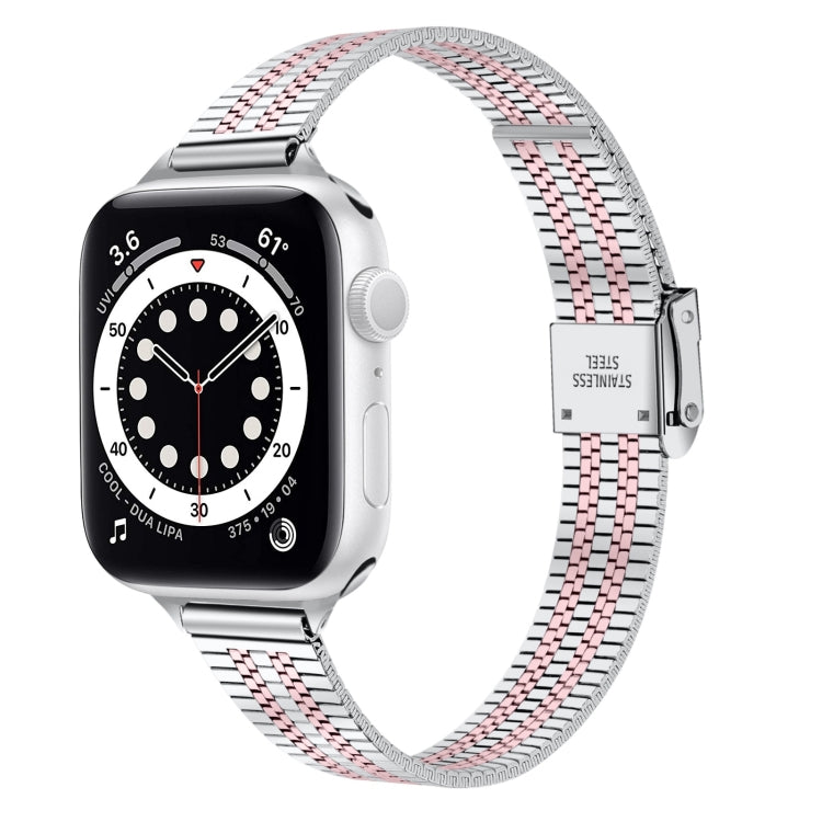 14mm Seven-beads Double Safety Buckle Slim Steel Replacement Strap Watchband For Apple Watch Series, 7 41mm / 6 & SE & 5 & 4 40mm / 3 & 2 & 1 38mm, 7 45mm / 6 & SE & 5 & 4 44mm / 3 & 2 & 1 42mm