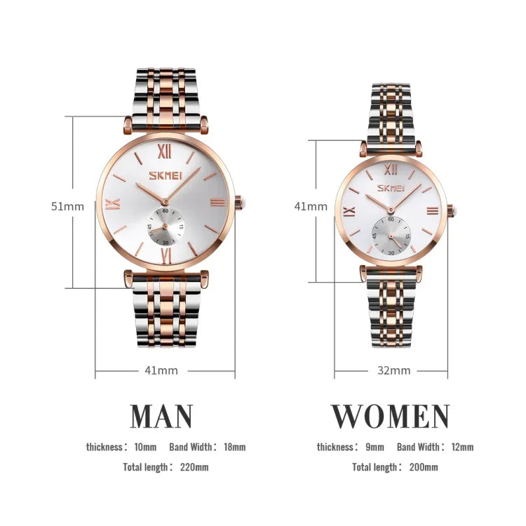 SKMEI 9198 Simple Roman Numeral Dial Metal Belt Quartz Watch for Couples