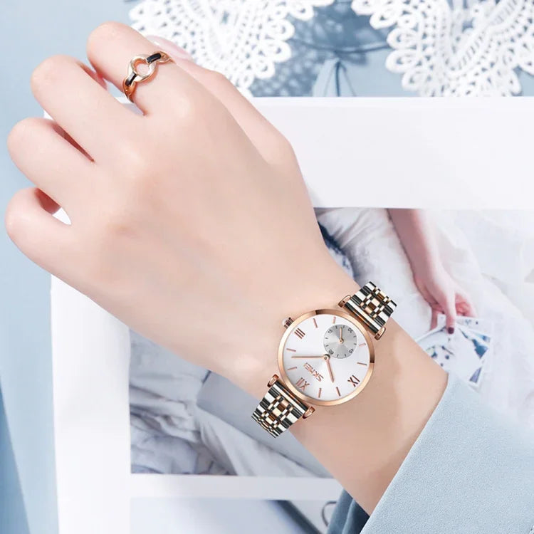 SKMEI 9198 Simple Roman Numeral Dial Metal Belt Quartz Watch for Couples