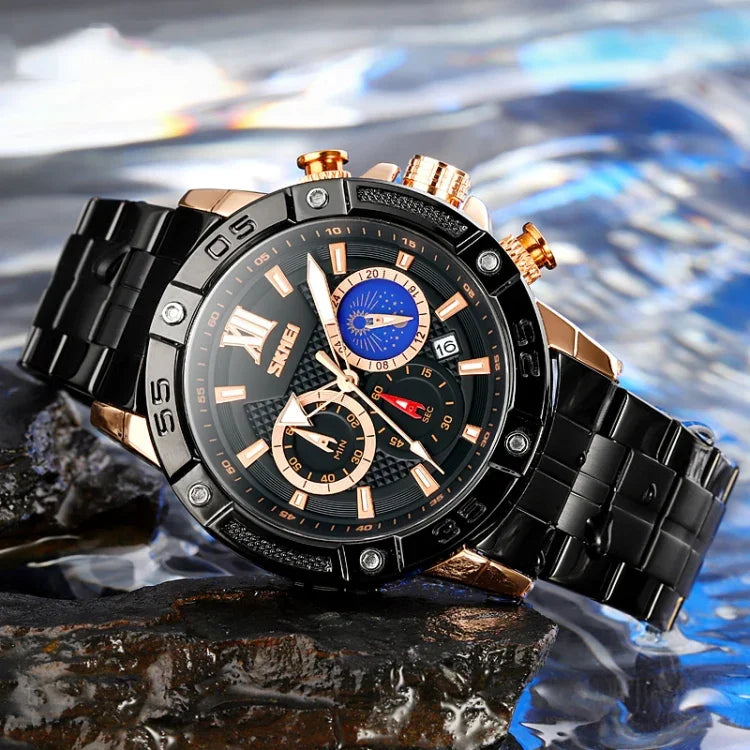 SKMEI 9235 Men Moonphase Stopwatch Stainless Steel Strap Quartz Watch