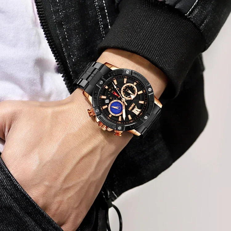 SKMEI 9235 Men Moonphase Stopwatch Stainless Steel Strap Quartz Watch