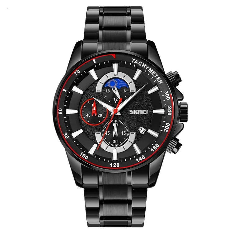 SKMEI 9250 Men Moonphase Stopwatch Date Six Pin Stainless Steel Strap Quartz Watch