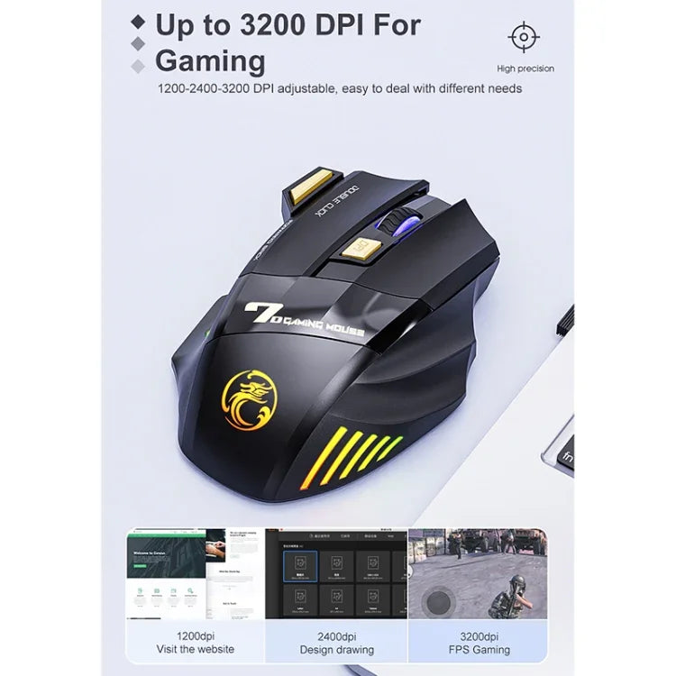 فأرة ألعاب لاسلكية قابلة لإعادة الشحن iMICE GW-X7 بعدد 7 أزرار مع أضواء RGB ملونة، GW-X7 2.4G