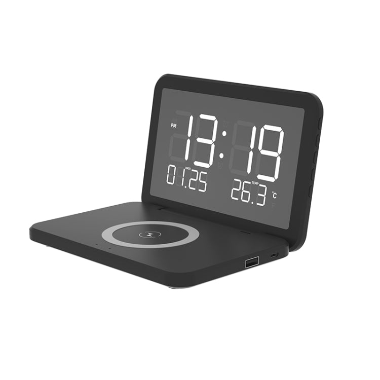 SY-118 شاحن لاسلكي قابل للطي بسطح مرآة 15W مع تقويم مكتبي دائم وساعة ومنبه ووظيفة ضبط سطوع بثلاث مستويات، SY-118 أسود، SY-118 أبيض