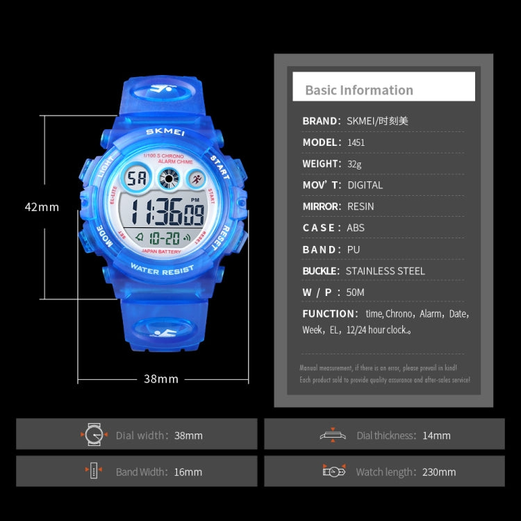 SKMEI 1451 LED Digital Stopwatch Chronograph Luminous Children Sports Electronic Watch, 1451(Transparent Sky Blue), 1451(Transparent Rose Red), 1451(White Shell Blue Circle), 1451(Yellow Shell Blue Circle), 1451(Black Shell Blue Circle)                ...