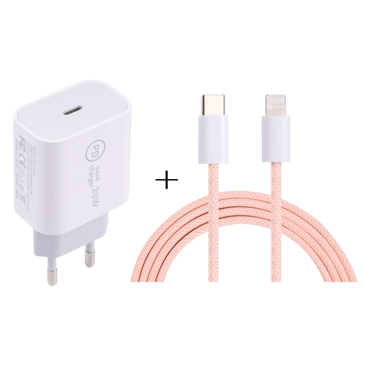 شاحن سفر SDC-20W PD USB-C / Type-C + كابل بيانات USB-C / Type-C إلى 8 دبابيس بطول 1 متر بقوة 12 واط، قابس الاتحاد الأوروبي، قابس الولايات المتحدة