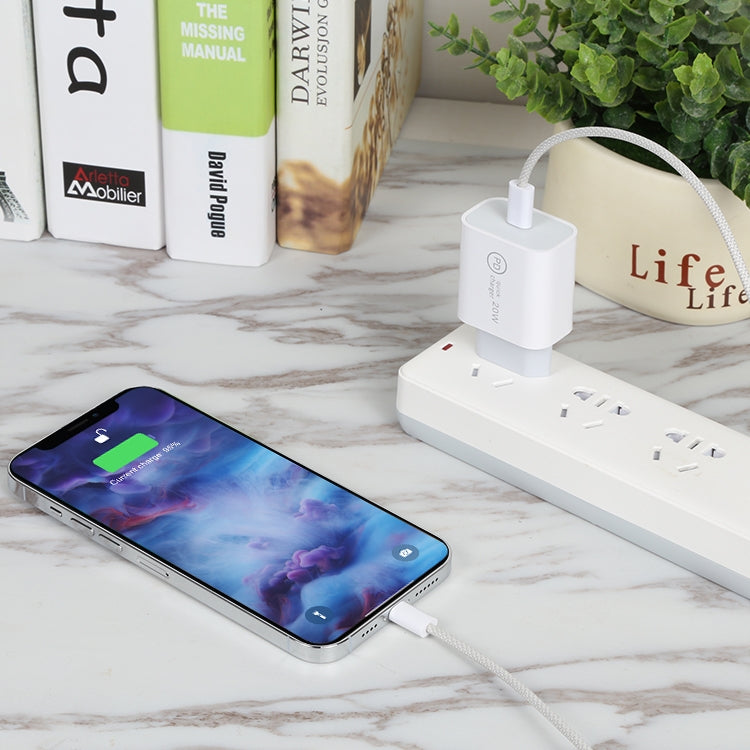 شاحن سفر SDC-20W PD USB-C / Type-C + كابل بيانات USB-C / Type-C إلى 8 دبابيس بطول 1 متر بقوة 12 واط، قابس الاتحاد الأوروبي، قابس الولايات المتحدة
