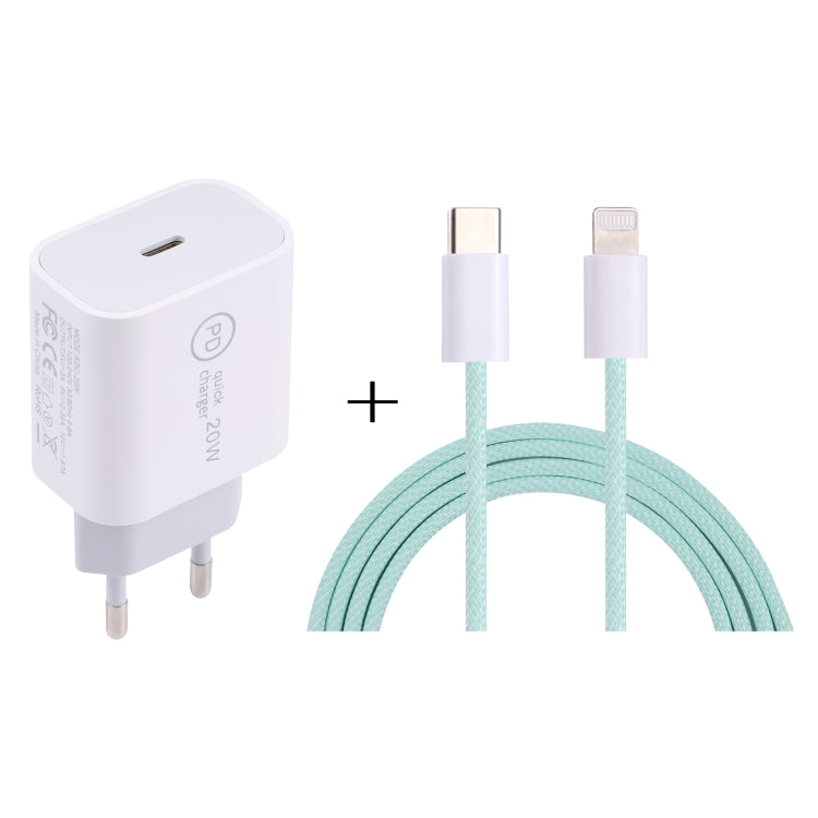 شاحن سفر SDC-20W PD USB-C / Type-C + كابل بيانات USB-C / Type-C إلى 8 دبابيس بطول 1 متر بقوة 12 واط، قابس الاتحاد الأوروبي، قابس الولايات المتحدة