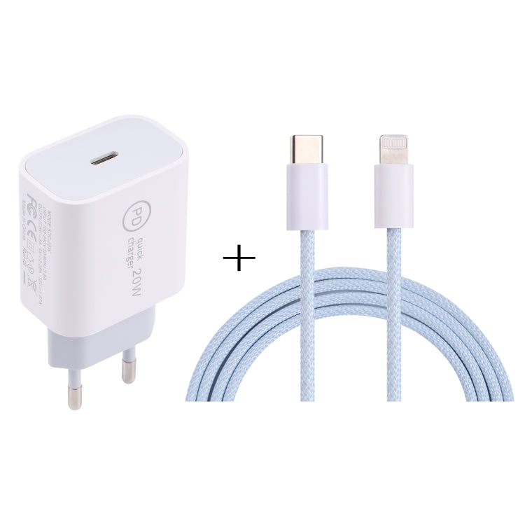 شاحن سفر SDC-20W PD USB-C / Type-C + كابل بيانات USB-C / Type-C إلى 8 دبابيس بطول 1 متر بقوة 12 واط، قابس الاتحاد الأوروبي، قابس الولايات المتحدة