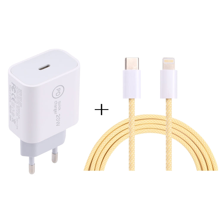 شاحن سفر SDC-20W PD USB-C / Type-C + كابل بيانات USB-C / Type-C إلى 8 دبابيس بطول 1 متر بقوة 20 واط، قابس الاتحاد الأوروبي، قابس الولايات المتحدة