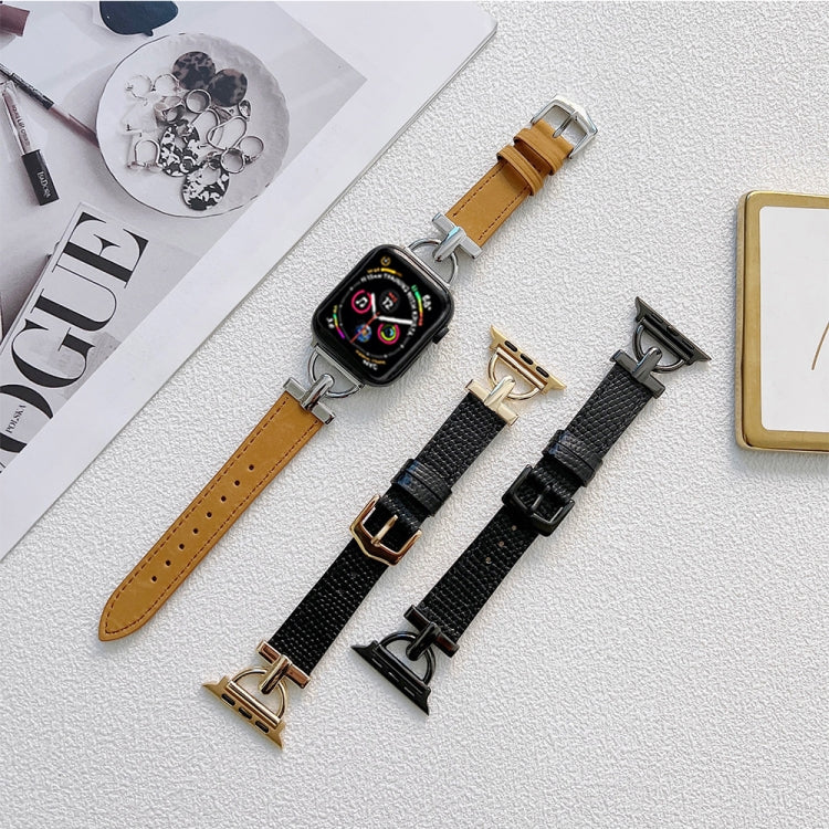 D-shaped Steel + Genuine Leather Strap For Apple Watch Series, 7 41mm / 6&SE&5&4 40mm / 3&2&1 38mm, 7 45mm / 6&SE&5&4 44mm / 3&2&1 42mm