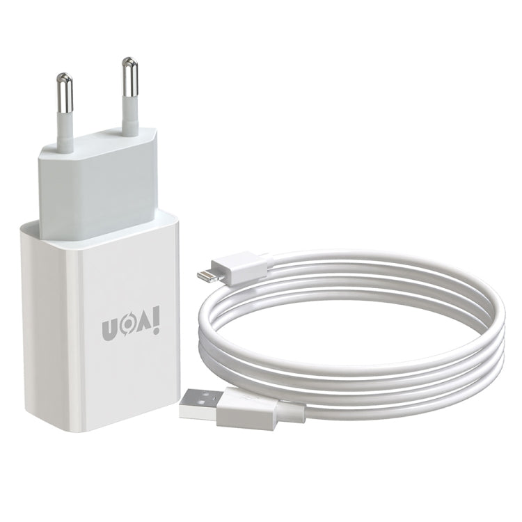 شاحن سفر IVON AD-33 2 في 1 بمنفذ USB واحد 2.1A + مجموعة كابل بيانات USB إلى 8 سنون بطول 1 متر، قابس الاتحاد الأوروبي، قابس الولايات المتحدة