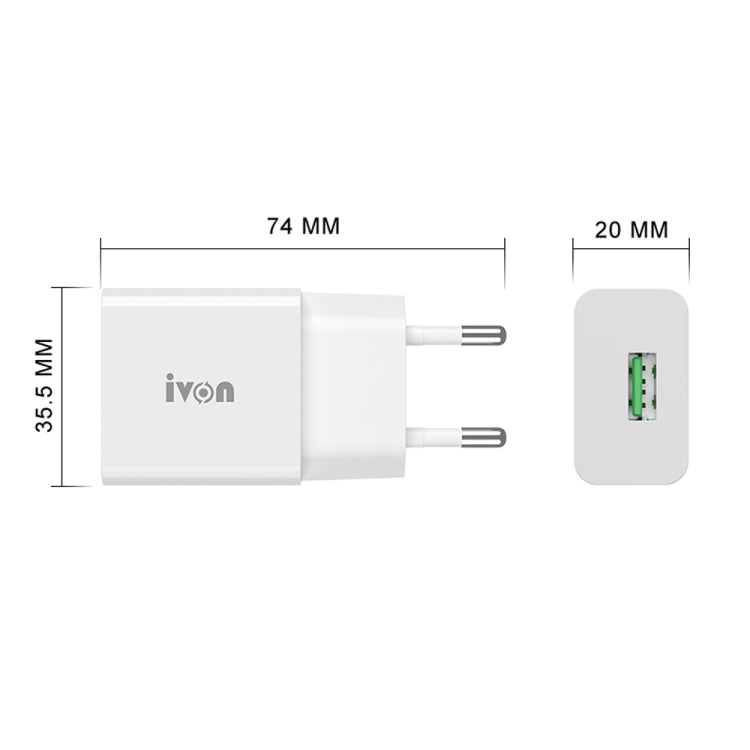شاحن سفر IVON AD-35 2 في 1 بمنفذ USB QC3.0 بقوة 18 واط + كابل بيانات USB إلى Micro USB بطول 1 متر، قابس الاتحاد الأوروبي، قابس الولايات المتحدة