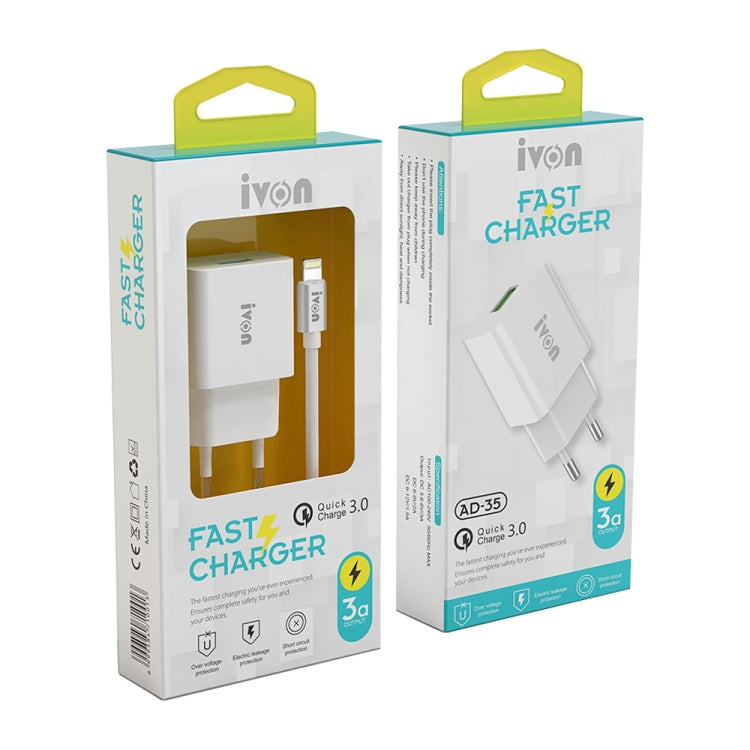 شاحن سفر IVON AD-35 2 في 1 بمنفذ USB QC3.0 بقوة 18 واط + كابل بيانات USB إلى Micro USB بطول 1 متر، قابس الاتحاد الأوروبي، قابس الولايات المتحدة
