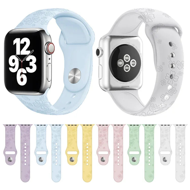 Four-leaf Clover Embossing Silicone Watchband For Apple Watch Series, 7 45mm / 6&SE&5&4 44mm / 3&2&1 42mm, 7 41mm / 6&SE&5&4 40mm / 3&2&1 38mm