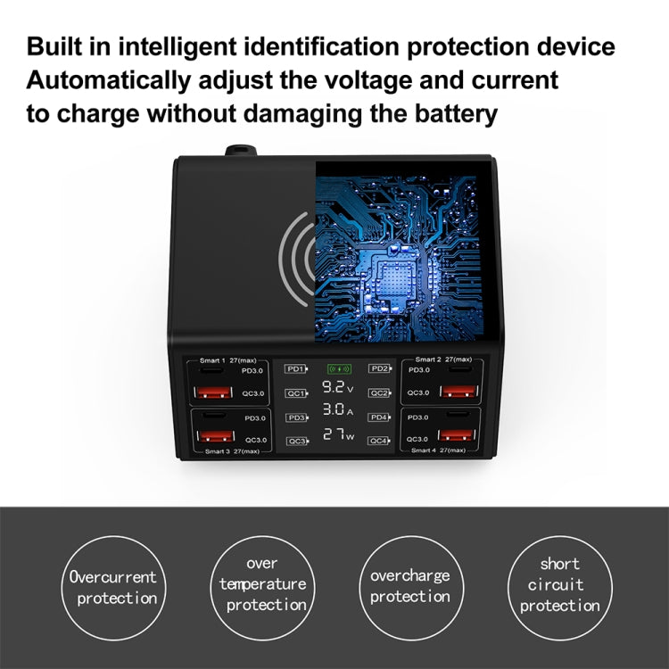 شاحن لاسلكي ذكي بشاشة رقمية 838w 9 في 1 بقوة 100W مع 4 منافذ PD 3.0 USB-C / Type-C + 4 منافذ QC 3.0 USB، قابس الاتحاد الأوروبي، قابس الولايات المتحدة، قابس المملكة المتحدة، قابس أستراليا