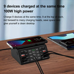 شاحن لاسلكي ذكي بشاشة رقمية 838w 9 في 1 بقوة 100W مع 4 منافذ PD 3.0 USB-C / Type-C + 4 منافذ QC 3.0 USB، قابس الاتحاد الأوروبي، قابس الولايات المتحدة، قابس المملكة المتحدة، قابس أستراليا