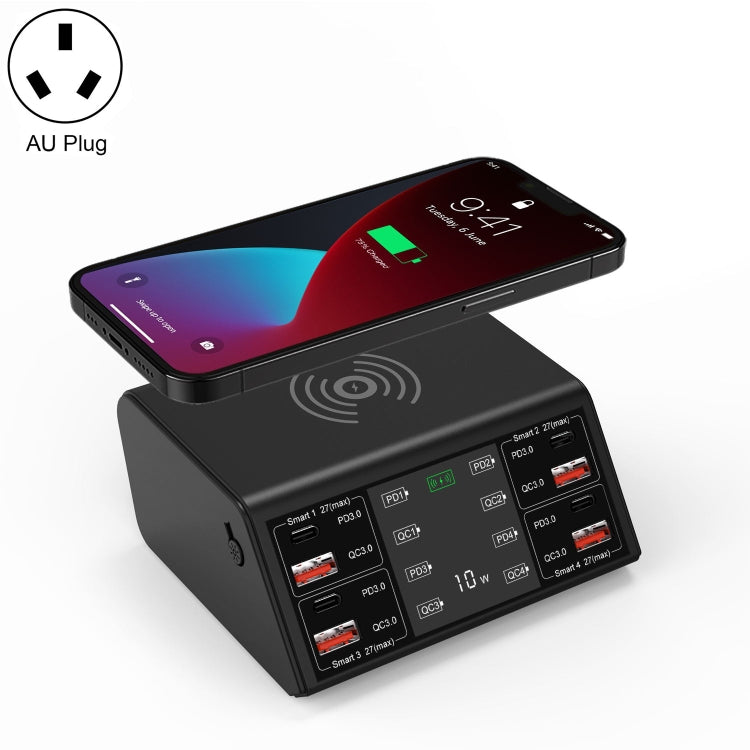 شاحن لاسلكي ذكي بشاشة رقمية 838w 9 في 1 بقوة 100W مع 4 منافذ PD 3.0 USB-C / Type-C + 4 منافذ QC 3.0 USB، قابس الاتحاد الأوروبي، قابس الولايات المتحدة، قابس المملكة المتحدة، قابس أستراليا