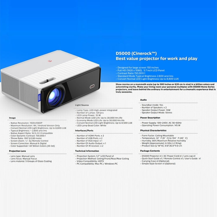 جهاز عرض رقمي عالي الدقة VIVIBRIGHT D5000 بدقة 1920x1080P، 420 ANSI، 6000 لومن، LCD + LED، نسخة أساسية، قابس أمريكي، قابس بريطاني